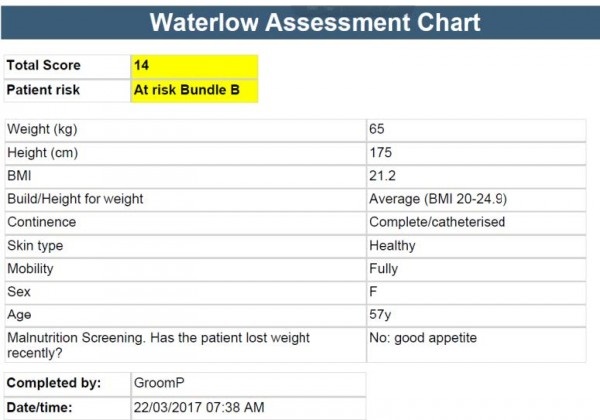 eVitals Waterlow Assessment Chart